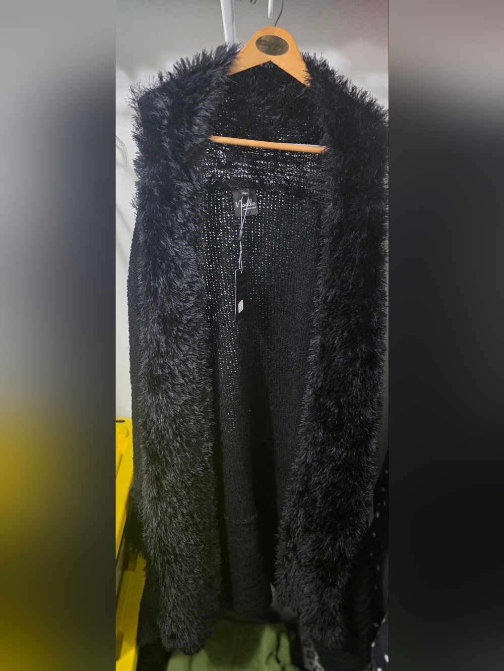 NWT - Noelle Black Faux Fur Trim Long Open Cardigan -OS